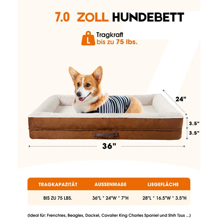 Ортопедичне ліжко для собак великих порід, корзина для собак, що можна прати, з піною у формі яйця, водовідштовхуване ліжко для собак з неслизьким дном та чотиристоронні подушки (колір: коричневий, розмір: 91x61x18 см)