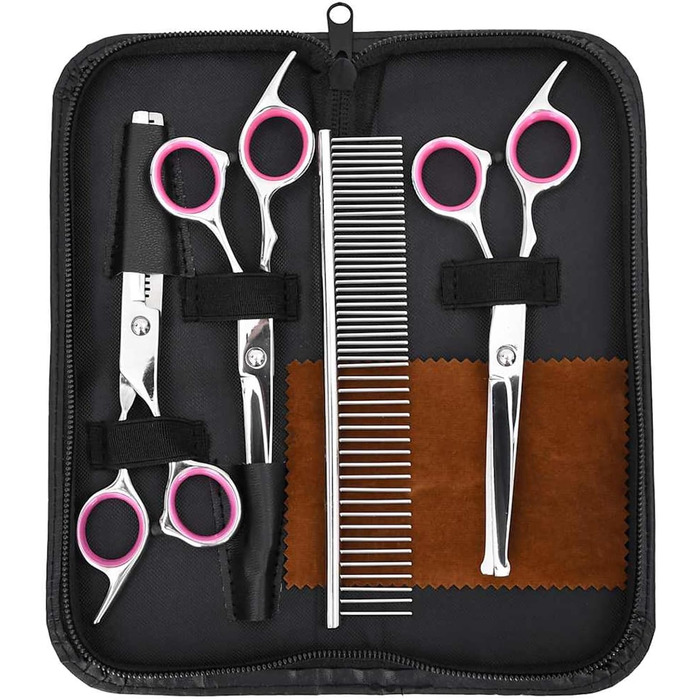 Набір професійних ножиць для собак з нержавіючої сталі - для всіх порід - з ножицями для фінальної обробки, гребінцем та ганчіркою - сріблястий Model4101328