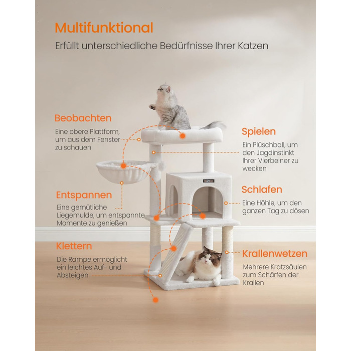 Дерево для котів Feandrea 96 см з платформою, будиночком, гамаком та сходами, PCT51W (кремовий)