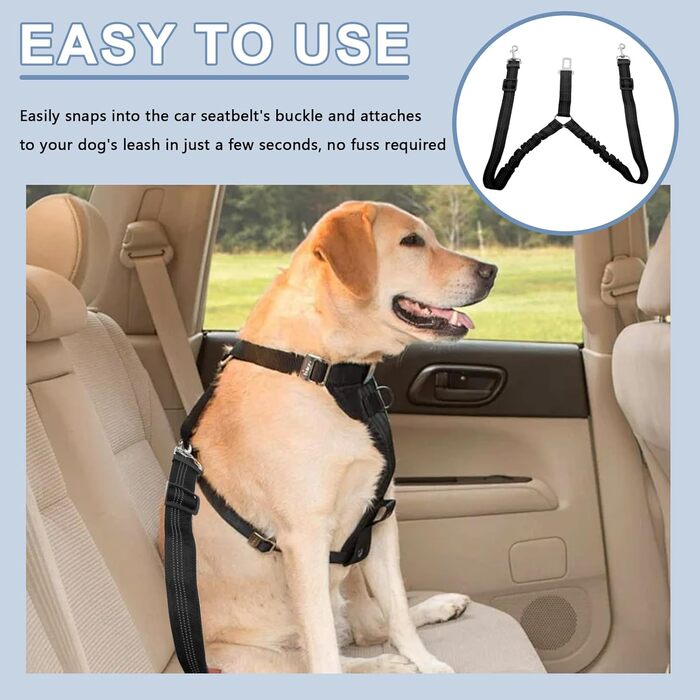 Ремінь безпеки для собак у машину, подвійний, еластичний, регульований з амортизатором та карабіном для маленьких та середніх собак (чорний)