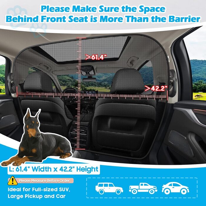 Автомобільна перегородка для собак, 156 см, бар'єр між переднім та заднім сидінням, для SUV, великих авто та пікапів