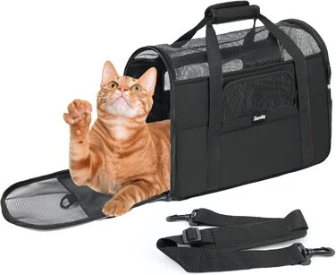 Транспортна сумка для котів та собак, дихаюча та складна, переноска для котів з регульованим плечовим ременем, знімний плюшевий килимок (Чорний, M)