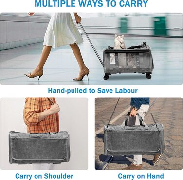 Транспортна переноска для котів та собак на 20 кг з 2 відділеннями, колесами та телескопічним ручками (сіра)