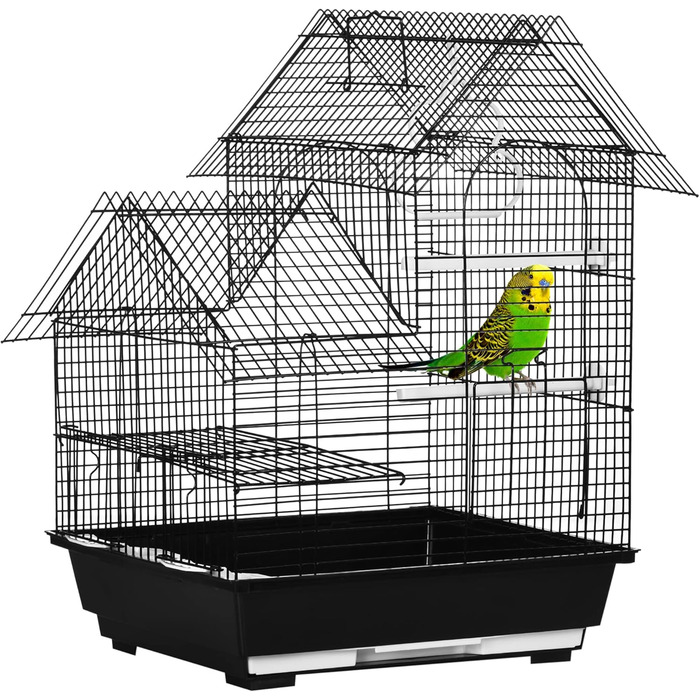 Клітка для птахів PawHut 39x33x47 см, металева, 3 дверцята, 2 годівниці, 2 жердочки, висувний піддон, ручка, для канарейок, чорна