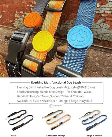 EVERKING 6-в-1 повідок для собак з живітним ременем – повідь для бігу та прогулянок, з двома ручками, антишокова пружина, кріплення для авто, альтернатива шлейці (Блакитний, Сірий, Блакитний, Хакі)
