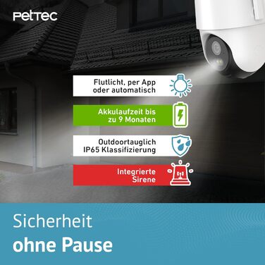 PETTEC камера для тварин Free'n 360: Wi-Fi 2.4ГГц, акумулятор, панорамне обертання, без підписки, зовнішня камера 3MP, детекція руху, нічне бачення 20м, IP65, прожектор і сирена