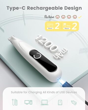 PAPMINI Безшумна машинка для стрижки котів з LED-дисплеєм, Type-C, акумулятор, бездротова когтерезка для котів, професійна машинка для стрижки лап, вух, обличчя, спини (біла)