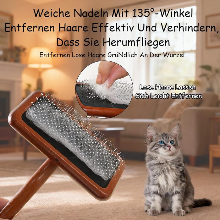 Професійна щітка для собак та котів 2 шт. + гребінець від бліх, дерев'яна, для довгої та короткої шерсті, видаляє ковтуни, для здоров'я шкіри, ергономічна (середня + дрібна зубці)