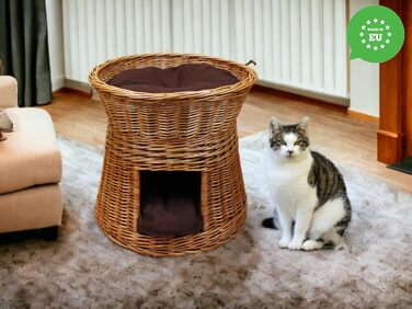 Кошик-будиночок для котів з лози, двоповерхове ліжко для котів і собак, діаметр 47 см, натуральна вербова хата з коричневими подушками, для дому