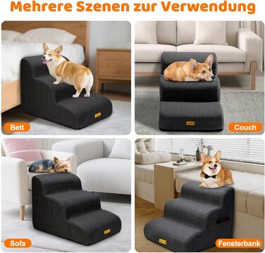 Сходинка для собак Gimars з 3 ступенями, 40 см, з високощільним пінополіуретаном, широка та стійка, знімний та пральний чохол, неслизьке дно, портативна рамка для маленьких собак до дивану, ліжка, авто, чорна