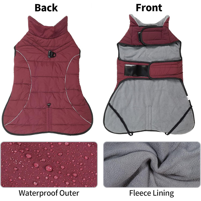 Водонепроникний теплий зимовий верхній одяг для собак Heywean: флісова куртка-пуловер з кільцем D, світловідбиваючими елементами та застібкою-липучкою. Підходить для малих, середніх та великих собак. Розмір M, колір: червоний.