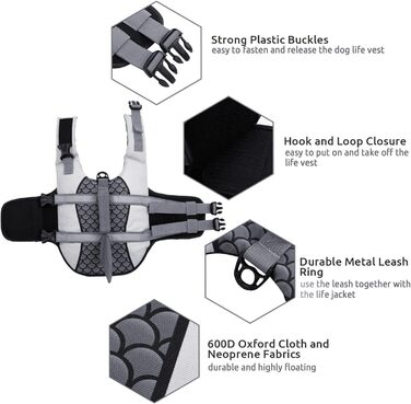 Жилет для собак 'Акула' з ручкою та світловідбиваючими елементами, для малих, середніх та великих собак, сірий, розмір M