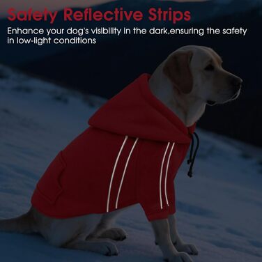 Теплий зимовий пуловер для собак ASENKU з флісу з відбиваючими смугами, накидка для маленьких собак, худі з шапочкою та кишенями, куртка для собак з отвором для повідка, м'який та дихаючий одяг для собак (S, Червоний)