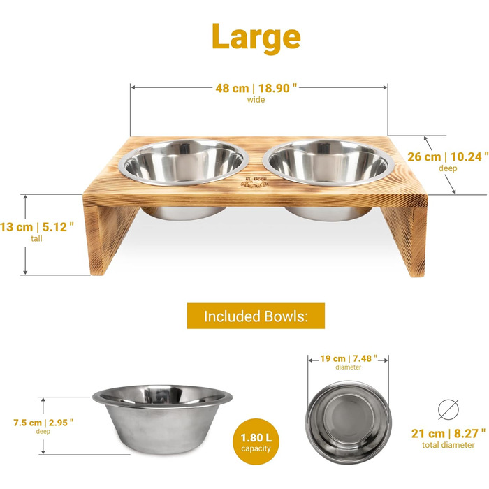 Диспенсер для корму для собак RF-Deer з дерева з 2 нержавіючими мисками, піднятий годівниця для собак, миска для котів, миска для собак, бар для собак, годівниця для котів, легко миється, 48x26x13 см, великий