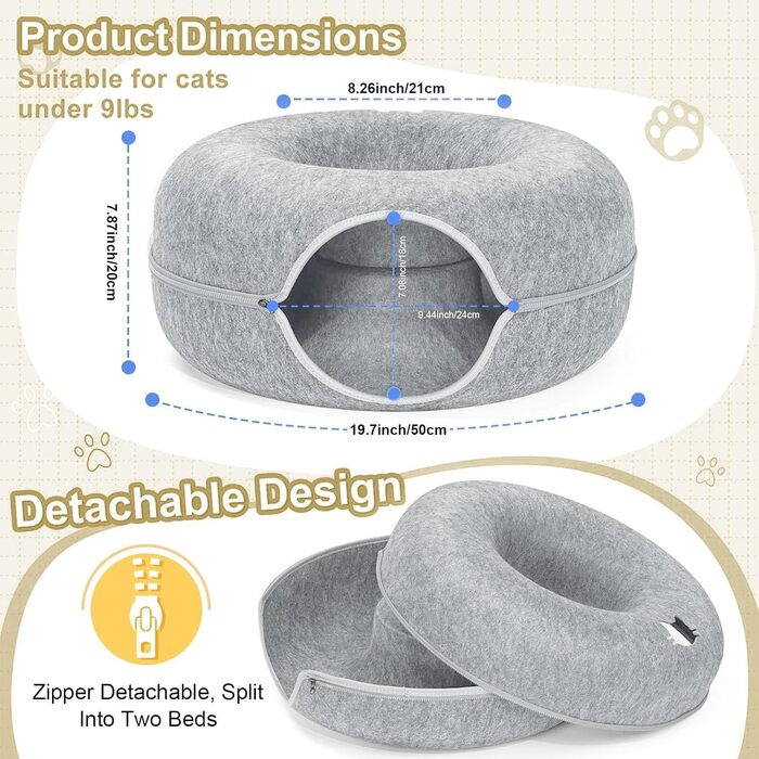 Туннель для котів KunpengZen, філц, шурхотливий, іграшка-лежанка, 50 см, для кошенят та малих тварин до 4 кг, сірий