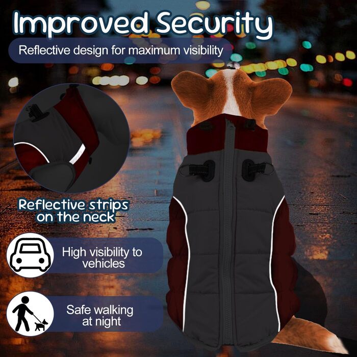 Зимовий теплий одяг для великих собак, XL-5XL. Червоний зимовий теплий одяг для собак, великих порід, з відбиваючими елементами, для снігу, з високим коміром.