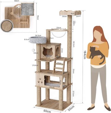 Дерев'яна кігтеточка Mondeer для кімнат з двома будиночками для котів, контейнером для наповнювача, прозорою капсулою, знімними плюшевими подушками, розмір 60x50x184 см, дуб