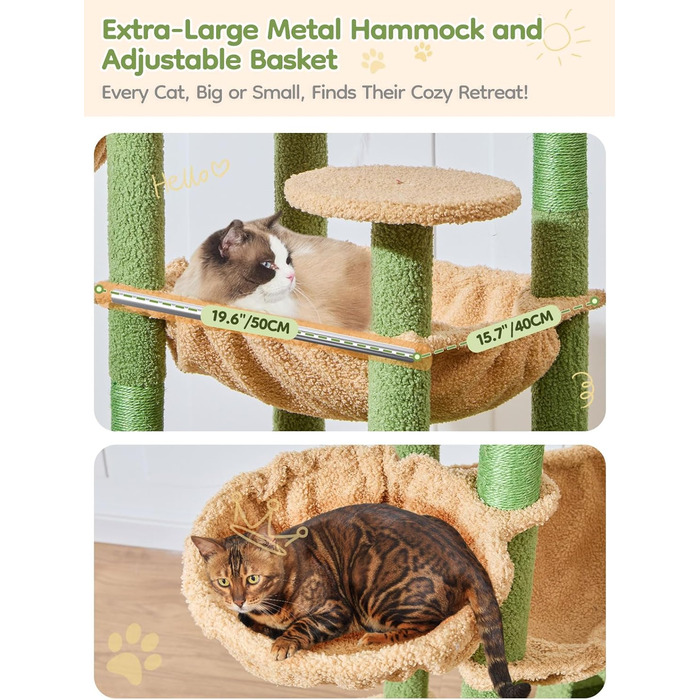 Кігтеточка для котів Taoqimiao 193 см, велика, XXL, з будиночками, гамаком, кошиком та 7 стовпчиками для заточування кігтів, сірий/зелений (MS047G)