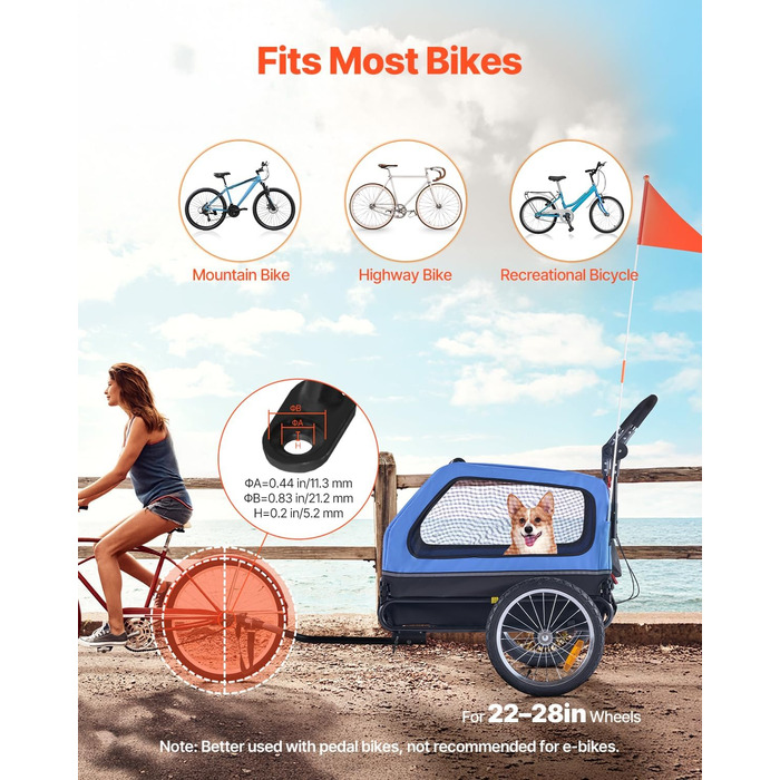 Причіп для собак VEVOR до 40 кг, 2-в-1, для маленьких та великих собак, з розкладним каркасом, універсальний з'єднувач, з прапорцем, внутрішній поводок, 1380x755x800 мм