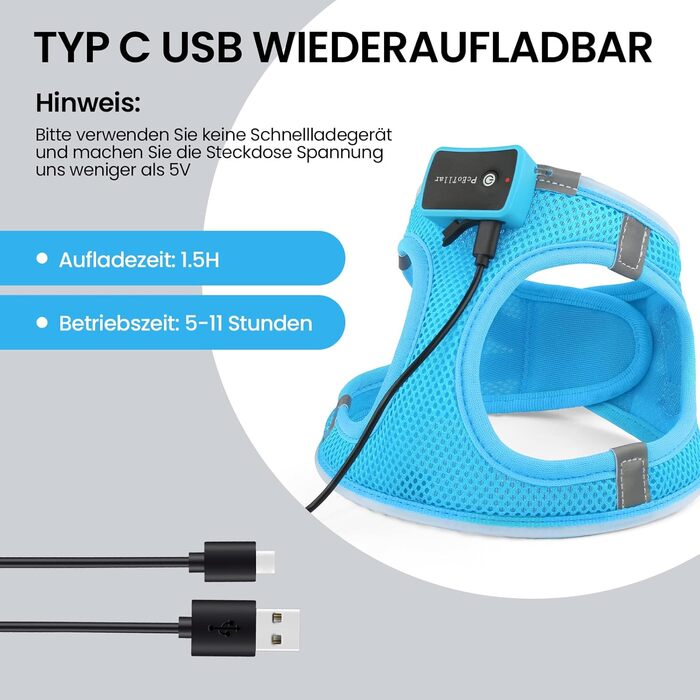 Світлодіодне нашийник для собак PcEoTllar: безпека та видимість у темряві (3 режими, S, блакитний)