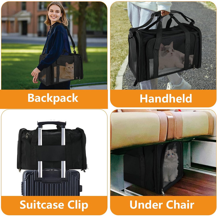 Транспортна сумка для тварин: складана переноска для кота та собаки, легка переноска з плечовим ременем, дихаюча переноска для подорожей та авто (чорна)