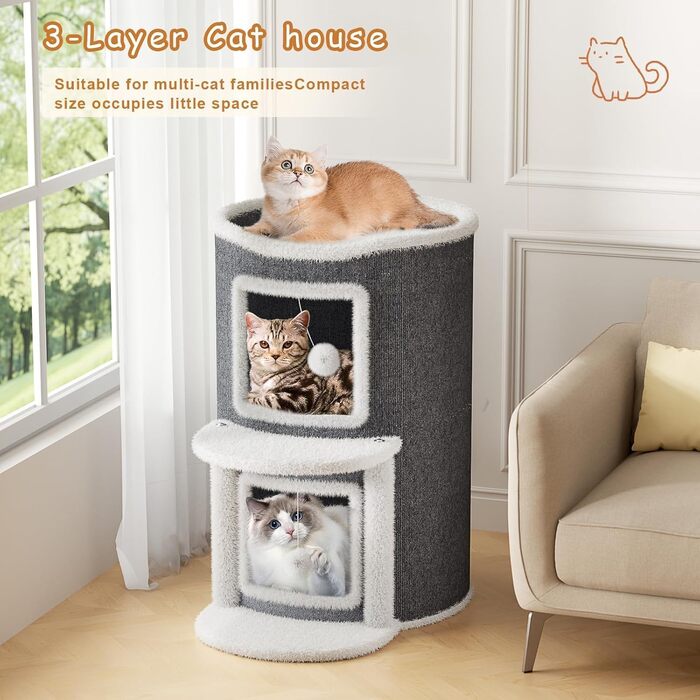 Двоповерхова кімната-будиночок для котів з когтеточкою, платформа та іграшкою, 60x40x40 см / 40x40x60 см