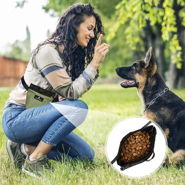 Сумка для ласощів для собак з магнітною застібкою та регульованим поясом, навчальна сумка, портативна сумка для перекусів для прогулянок на відкритому повітрі (Чорний, принт з тваринами)