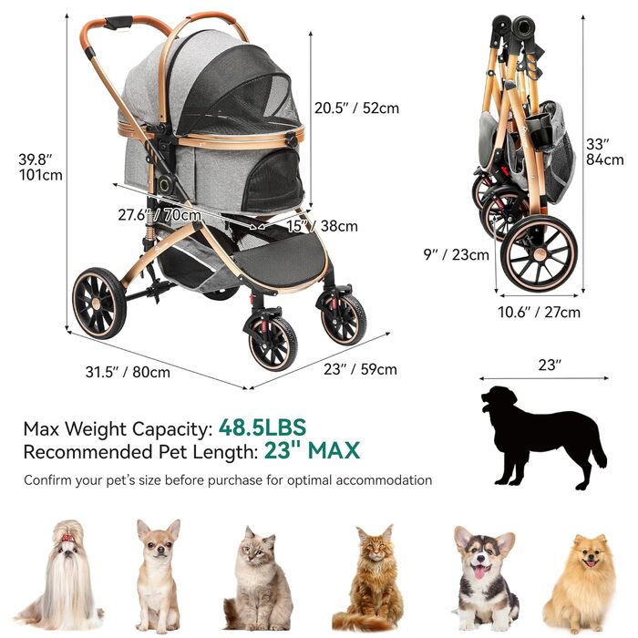 Візок для собак YITAHOME 3в1, до 22 кг, з алюмінієвим каркасом, амортизаторами, рюкзаком та тримачем для напоїв (сірий)