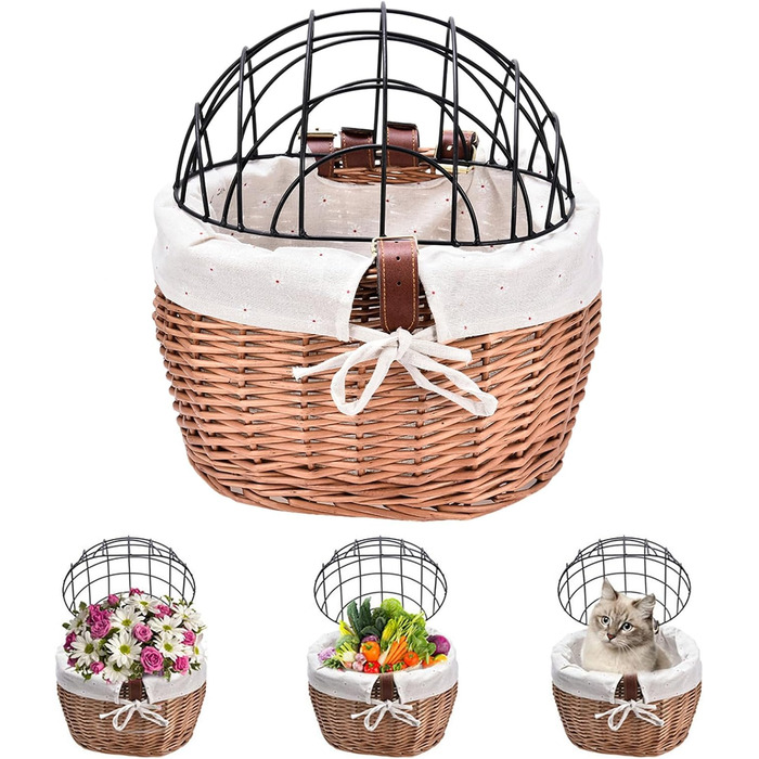 Кошик для кота на велосипед: кошик 30x25x30 см, з металевим плетінням, знімний тримач для тварини, плетіння з лози, кріплення на кермо | Транспортування собак та котів