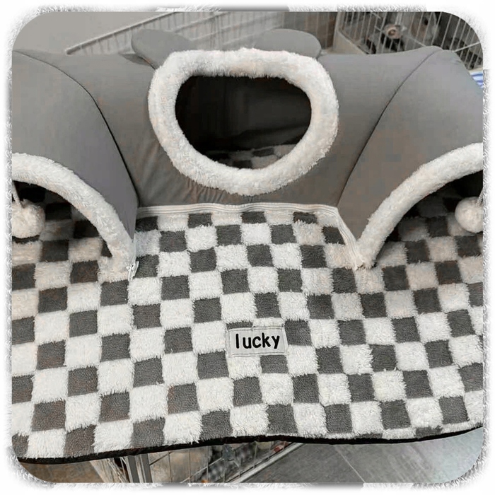 Плюшеве ліжко-шахівниця для котів з тунелем 2в1, сіре, розмір XL 86x70x26 см