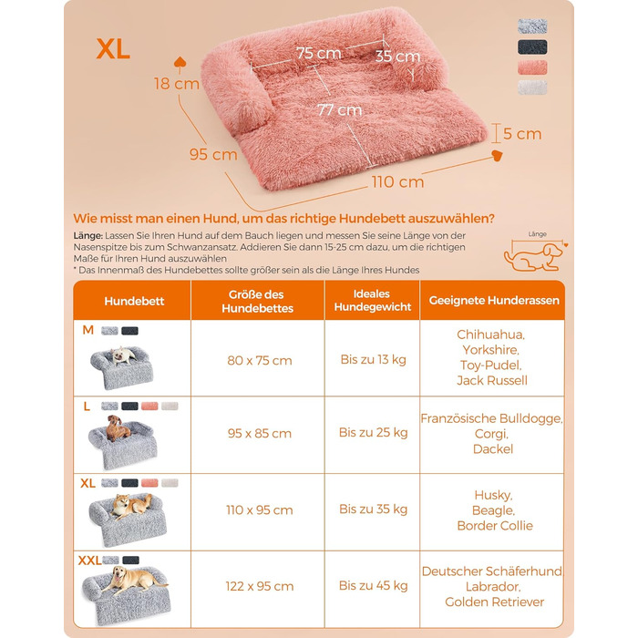 Ліжко для собак Feandrea FluffyHug, XL, 110x95x18 см, м'яка підстилка, захист дивану, рожевий колір