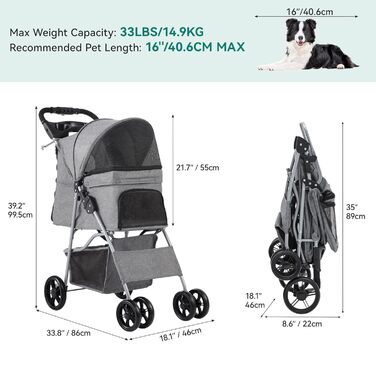 Візок для собак YITAHOME - переноска для тварин до 15 кг, сірий