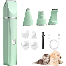 Електричний набір для грумінгу домашніх тварин Tickle Paw 4 в 1: тример, машинка для стрижки, пилка для нігтів. Підходить для котів та собак. Тиха машинка, професійний триммер, акумуляторний. Колір: зелений