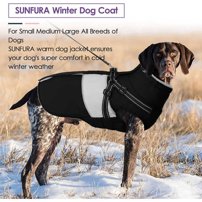 Зимовий теплий одяг для собак SUNFURA: великий одяг з інтегрованим шлейкою, водонепроникний флісовий костюм для собак, теплий одяг з хутряним коміром для Французького бульдога (X-Small, Чорний)