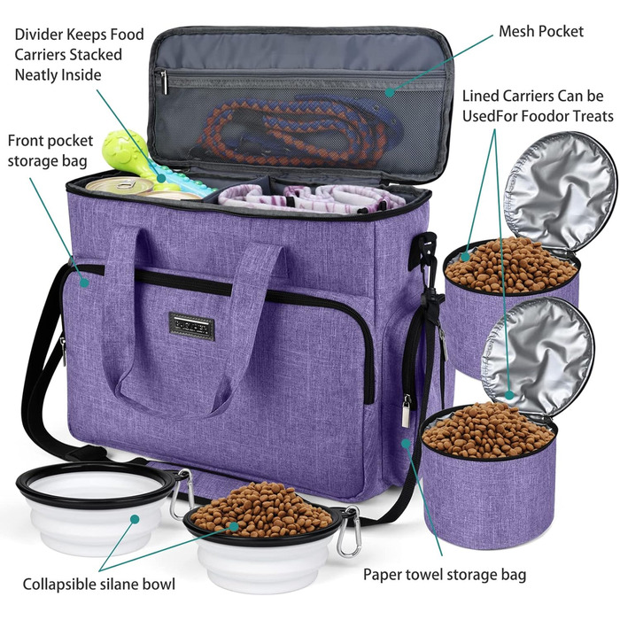 Сумка-переноска для собак та котів BAGLHER, фіолетовий, L. З набором аксесуарів: контейнери для їжі та складні миски. Підходить для подорожей літаком.