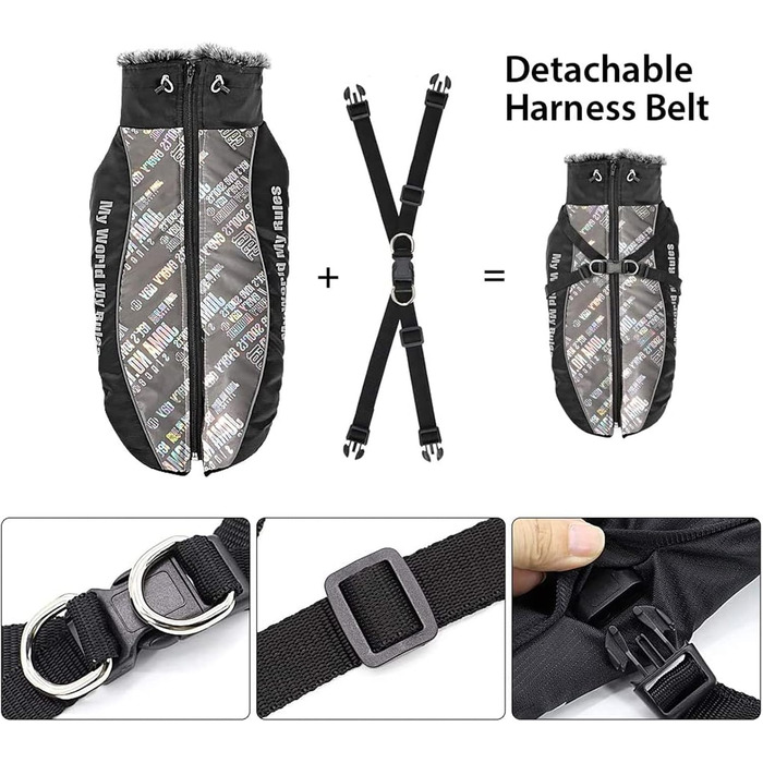 Водонепроникний собачий одяг PETCUTE для маленьких собак, з відбиваючими елементами, регульований, зимова куртка для собак з шлейкою, вітронепроникний, сірий (2XL)