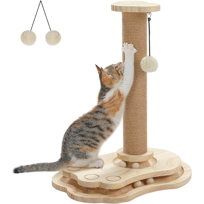 Інтерактивна іграшка для котів PETEPELA з подряпальним стовпчиком у формі ракети, коліщата з кульками, пір'їна, з масиву дерева, багатофункціональна