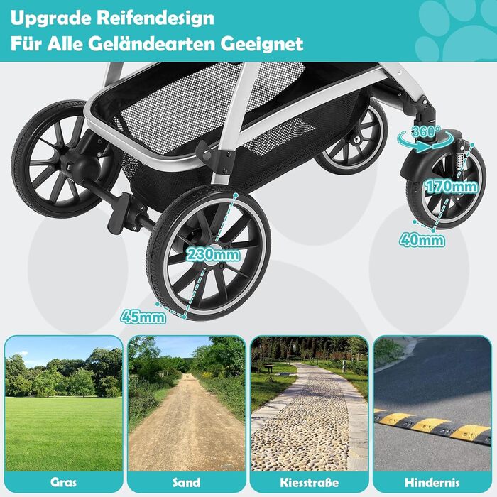 Візок для собак DAISTERN, складаний, до 25 кг, сірий. Легкий алюмінієвий каркас, поворотне EVA-колесо з амортизатором та гальмом, 4-в-1 для прогулянок, міста та ветеринара.