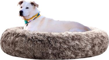 Крісло-лежанка для собак XXL, кругле, знімний, пральний чохол, анти-тривожне, штучне хутро, м'яке, комфортне, пухнасте ліжко для тварин (100 см), велике - 100 см (дуже велике - 115 см, коричневе)