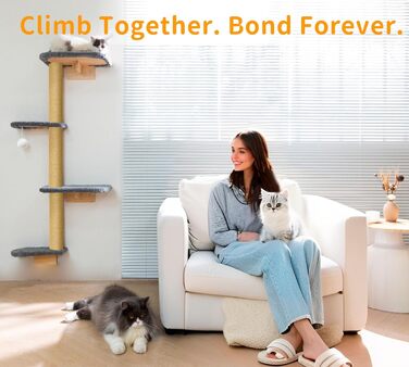 Кліматична стіна для котів Kratzbaum 125см: 4 яруси, натуральне дерево, міцний фетр, сірий колір