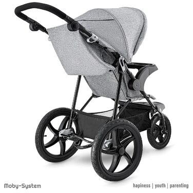Дитяча коляска-трансформер Moby-System Runner Mountain з дощиковим захистом, до 15 кг, комплект аксесуарів: ремінь безпеки, відбивачі, оглядове вікно та кошик для речей (сіра)