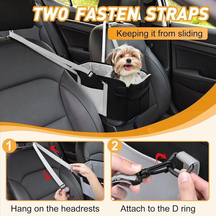 Автокрісло для собак - підставка для маленьких собак, чорна. Зйомний чохол, ремені, безпечна прив'язка, кишеня для зберігання