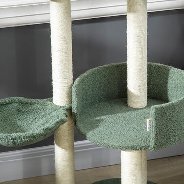 Дерев'яний будиночок для котів PawHut 123H - когтеточка, ліжко, іграшки, сизаль, плюш, кремово-білий+зелений