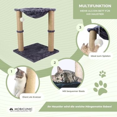 Дряпка для котів Mobiclinic Pets Milo 2-в-1, гамак, сірий, 40x40x50 см, міцна, переносна, до 10 кг, з іграшкою, європейський бренд, легка у догляді