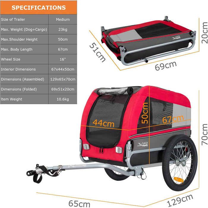Причеп для собак Tiggo VS Pets M - велосипедний причеп для собак, 80201 (червоний)