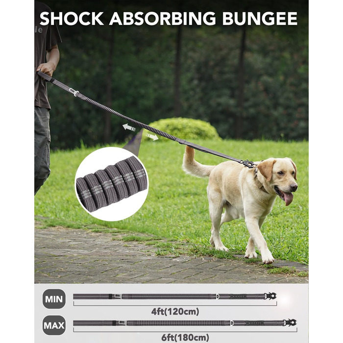 Тактична повід для собак Joytale, еластичний (bungee) повід з двома м'якими ручками, автофіксатор, повід без ривка для собак середніх, великих та екстра-великих порід (1.2м-1.8м, сірий)