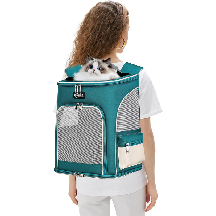 Рюкзак для собак та котів PETCUTE, дихаючий, з висувною підстилкою, прозоре вікно, складаний, з безпечним шнуром, для подорожей, Malachitgrün+Weiß