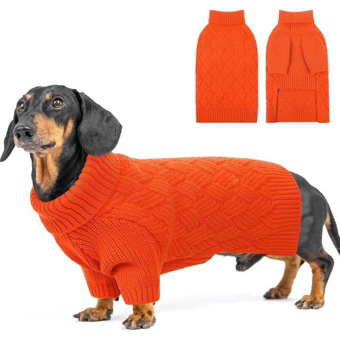 Светр для маленьких собак SUNFURA: теплий, в'язаний, з коміром-горловиною, для мопсів та такс, колір помаранчевий, розмір S (Sunset Chevron)