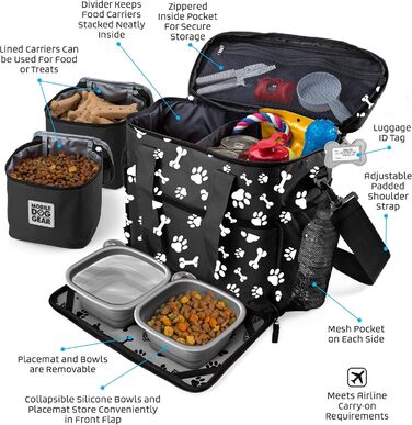 Подорожня сумка для собак Mobile Dog Gear Week Away для середніх та великих собак, 2 контейнери для корму та 2 складні миски, чорно-білий принт з відбитком лап