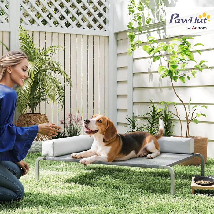 Лежанка для собак PawHut Outdoor, піднята лежанка для середніх собак, охолоджуюча лежанка для домашніх тварин з L-подібною подушкою та антиковзними ніжками, лежанка для собак на вулицю, кемпінг, 110x75x30см, світло-сіра